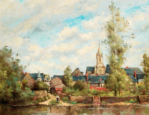 Village by the River. The painting by Paul-Desire Trouillebert