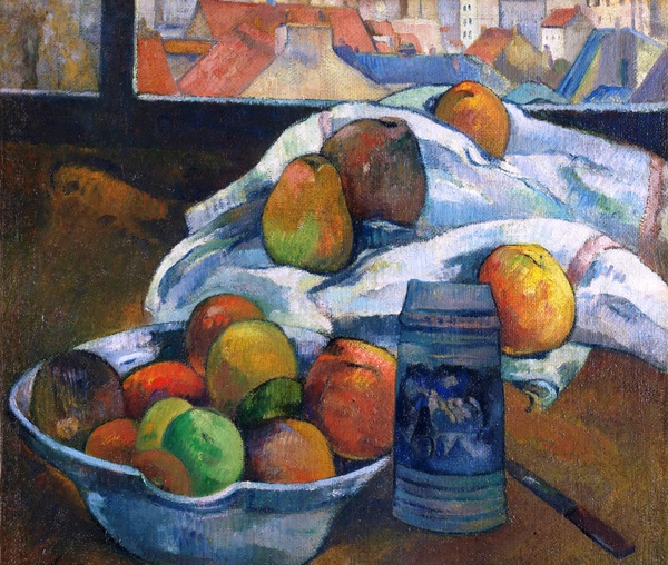 Bowl of Fruit and Tankard before a Window. The painting by Paul Gauguin