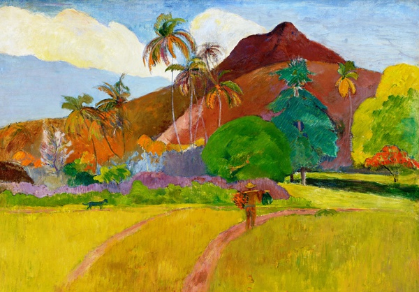 By the Tahitian Landscape. The painting by Paul Gauguin
