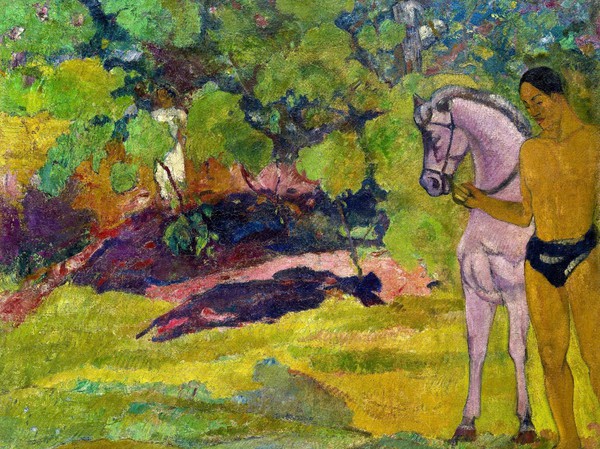 In the Vanilla Grove, Man and Horse. The painting by Paul Gauguin
