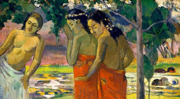 Looking at Three Tahitian Women. The painting by Paul Gauguin