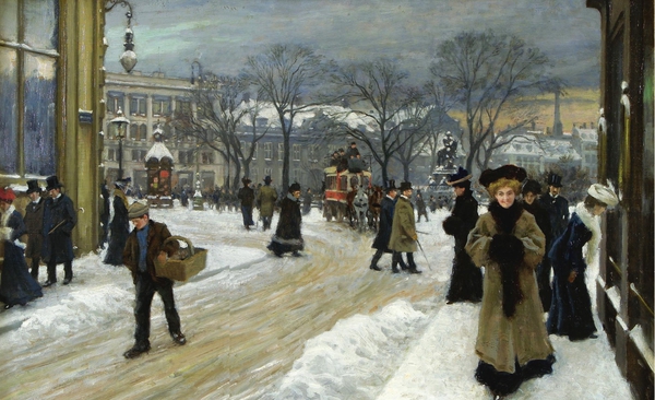 A Stroll in Winter, Nytorv, Copenhagen, 1888. The painting by Paul Gustave Fischer
