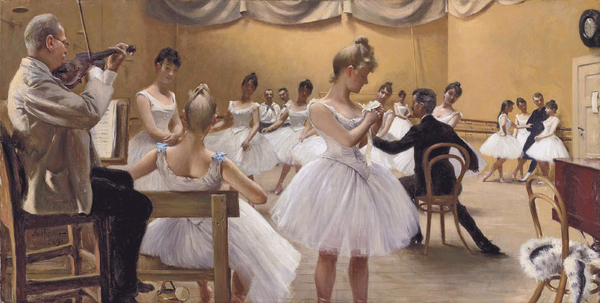 At the Royal Theatre Ballet School, Copenhagen, 1889. The painting by Paul Gustave Fischer