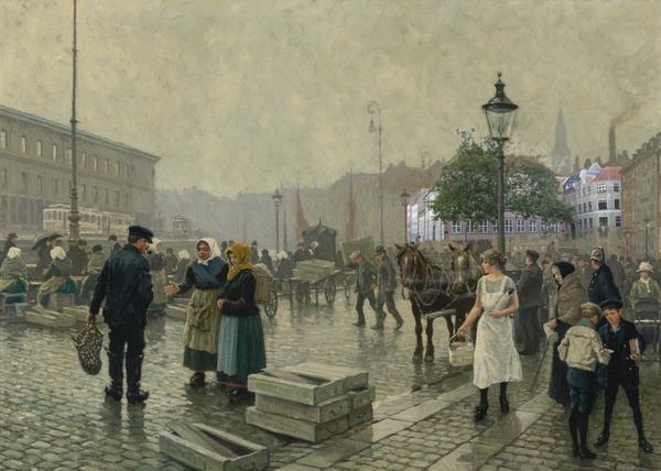The Fish Market at Gammelstrand, Copenhagen, 1919. The painting by Paul Gustave Fischer