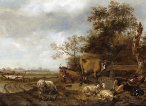 Paulus Potter, Peasant Resting near his Cows and Sheep in a Wooded Landscape , Art Reproduction