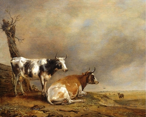 Two Cows and a Goat by a Pollarded Tree in a Landscape