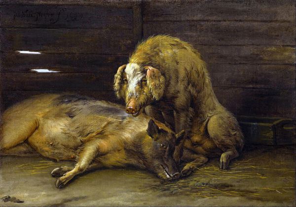 Two Pigs in a Sty. The painting by Paulus Potter