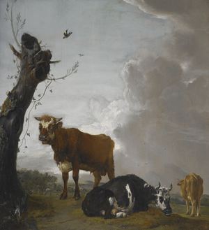 Paulus Potter, Young Bull and Two Cows in a Meadow, Painting on canvas