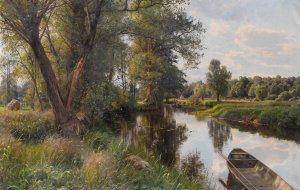 Peder Mork Monsted, A Summer Landscape with River Floodplain, 1911, Painting on canvas