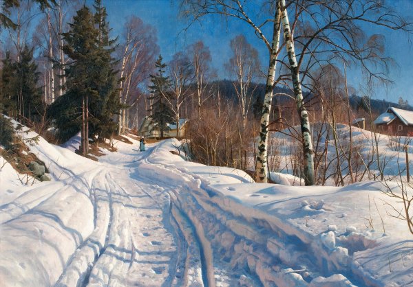 A Sunlit Winter Landscape, 1919. The painting by Peder Mork Monsted