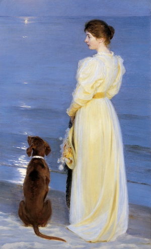 Peder Severin Kroyer, Summer Evening at Skagen: The Artist's Wife and Dog by the Shore, Art Reproduction