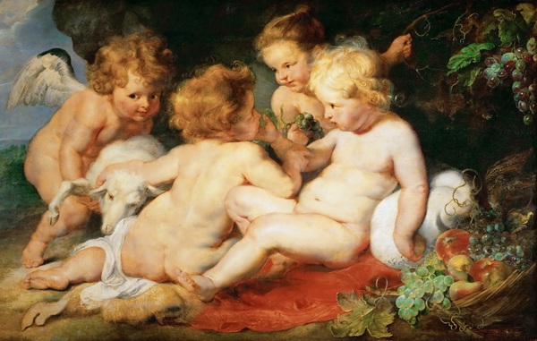 Christ and John the Baptist as Children and Two Angels. The painting by Peter Paul Rubens