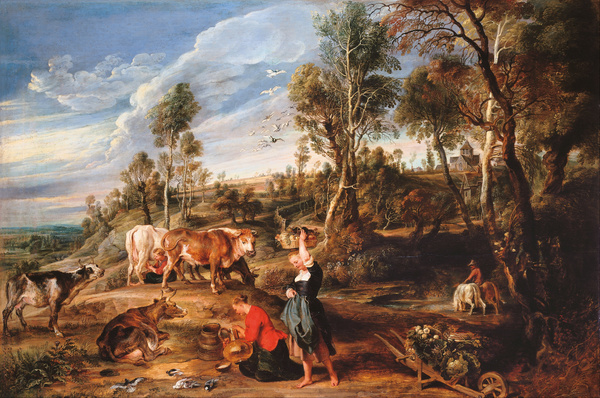 Farm at Laken (Milkmaids with Cattle in a Landscape). The painting by Peter Paul Rubens