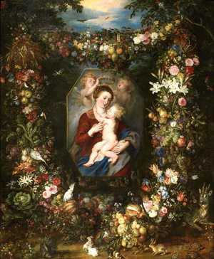 Peter Paul Rubens, The Virgin and Child Surrounded by Fruit and Flowers, Painting on canvas
