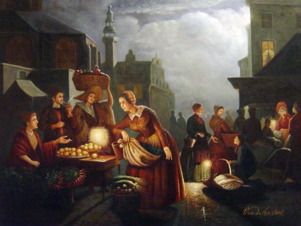 The Candlelit Market. The painting by Petrus Van Schendel