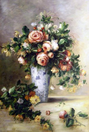 A Bouquet Of Roses And Jasmine In A Delft Vase - Pierre-Auguste Renoir - Hot Deals on Oil Paintings