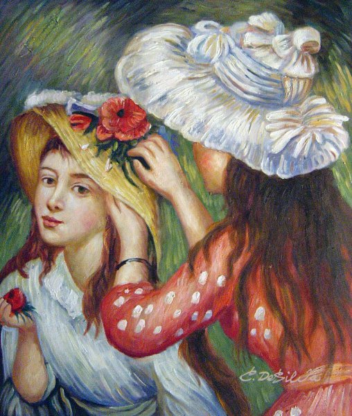 Girls Putting Flowers In Their Hats. The painting by Pierre-Auguste Renoir