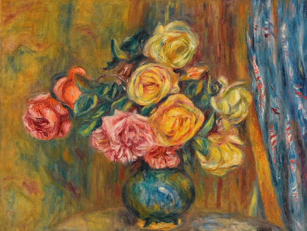 Roses Near the Blue Curtain. The painting by Pierre-Auguste Renoir