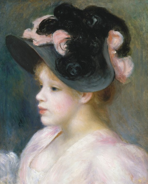 Young Girl in a Pink-and-Black Hat. The painting by Pierre-Auguste Renoir