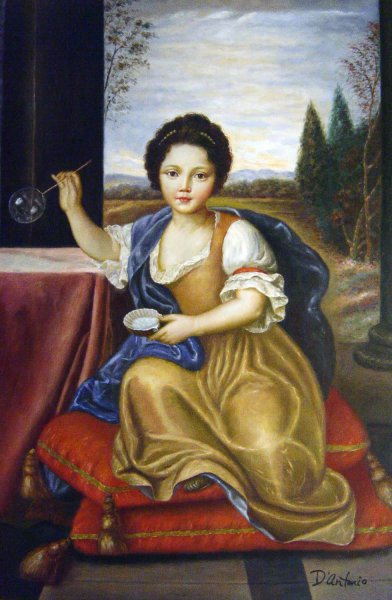 Girl Blowing Soap Bubbles. The painting by Pierre Mignard