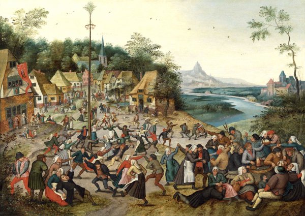 A Village Kermesse and Peasants Dancing Round a Maypole. The painting by Pieter Bruegel the Younger