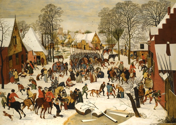 Flemish Village in Winter with the Massacre of the Innocents. The painting by Pieter Bruegel the Younger