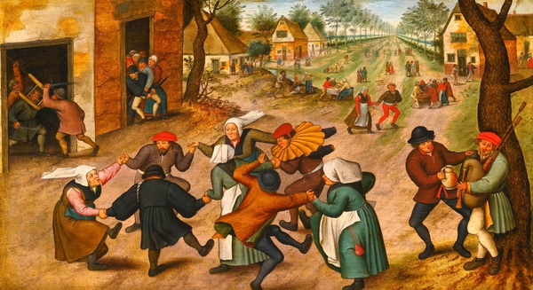 Village Street With Peasants Dancing. The painting by Pieter Bruegel the Younger