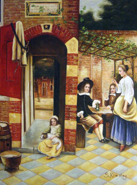 Courtyard With An Arbor And Drinkers. The painting by Pieter De Hooch