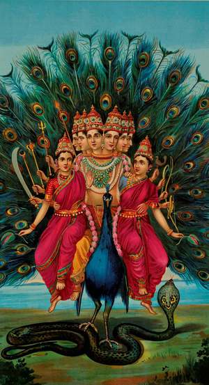 Lord Kartikeya with his Wives in his Peacock Mount, Raja Ravi Varma, Art Paintings