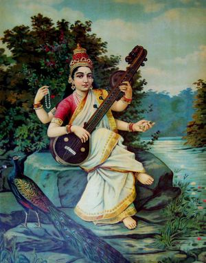 Raja Ravi Varma, Saraswati Goddess of Sound, Painting on canvas