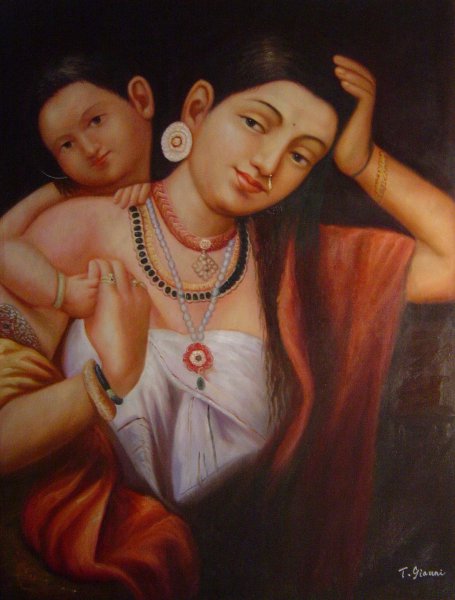 Yasodha And Krishna. The painting by Raja Ravi Varma