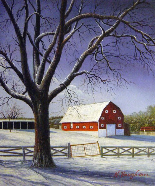 Red Barn In The Snow. The painting by Our Originals