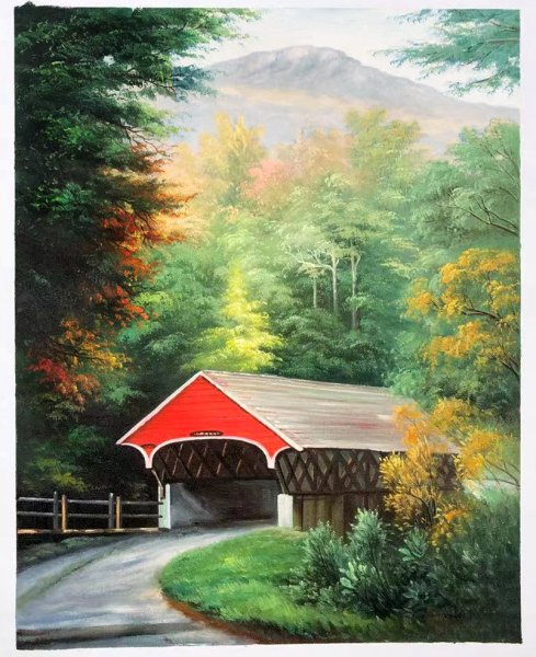 Red Covered Bridge In The Country Oil Painting Reproduction