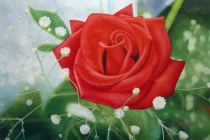 Our Originals, Red Rose Surrounded By Baby's Breath, Painting on canvas