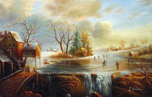 Regis-Francois Gignoux, Skaters On A Frozen Pond, Painting on canvas