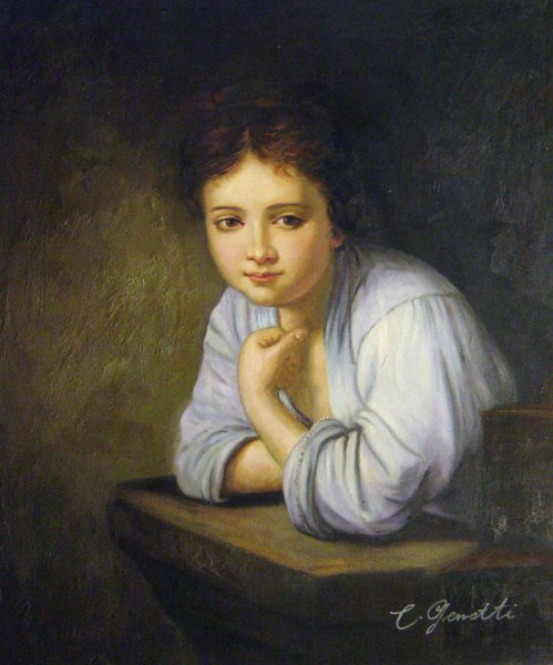 A Young Girl Leaning On A Window. The painting by Rembrandt van Rijn