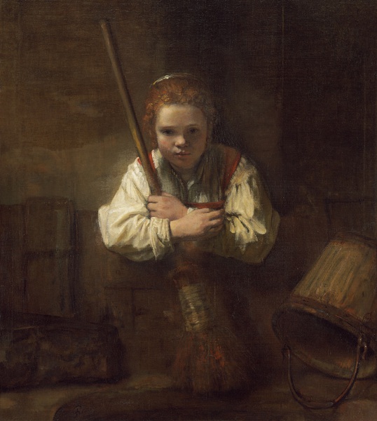 Girl with a Broom. The painting by Rembrandt van Rijn