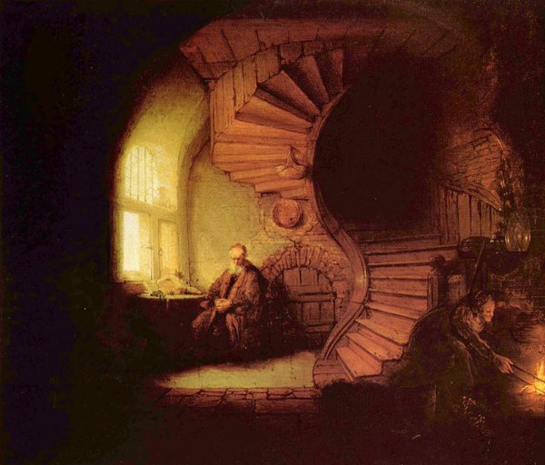 Philosopher in Meditation. The painting by Rembrandt van Rijn