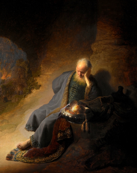 The Destruction of Jerusalem:  Jeremiah Lamenting. The painting by Rembrandt van Rijn