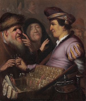 Rembrandt van Rijn, The Spectacles Seller (Sight), Painting on canvas
