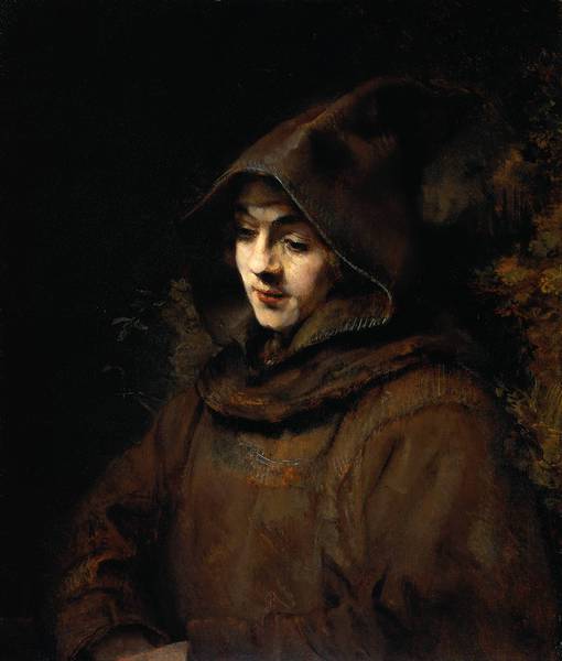 Titus van Rijn in a Monk`s Habit. The painting by Rembrandt van Rijn