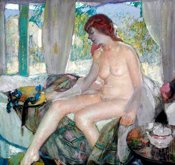 A Nude in Interior (Morning Contemplation). The painting by Richard Edward Miller