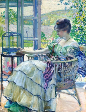 Richard Edward Miller, Contemplation (Woman Seated Next to a Birdcage), Painting on canvas