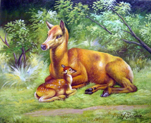 Doe And Fawn In A Thicket. The painting by Rosa Bonheur