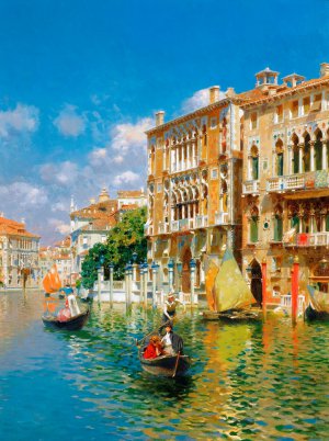 Rubens Santoro, Gondoliers in Front of the Palazzo Cavalli-Franchetti, Venice, Painting on canvas