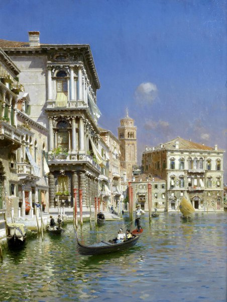 In the Gondola, Venice. The painting by Rubens Santoro