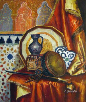 A Tambourine, Knife, Moroccan Tile And Plate