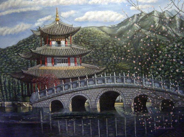 Scenic Asian Bridge. The painting by Our Originals