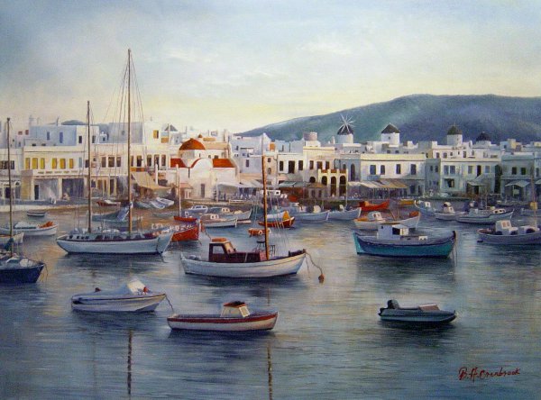 Scenic Harbor In Greece. The painting by Our Originals