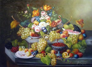 Severin Roesen, A Still Life With Fruit And Flowers, Painting on canvas